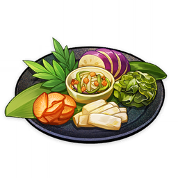 artist_request bowl carrot commentary english_commentary food food_focus genshin_impact leaf lowres no_humans official_art plate radish still_life third-party_source transparent_background vegetable