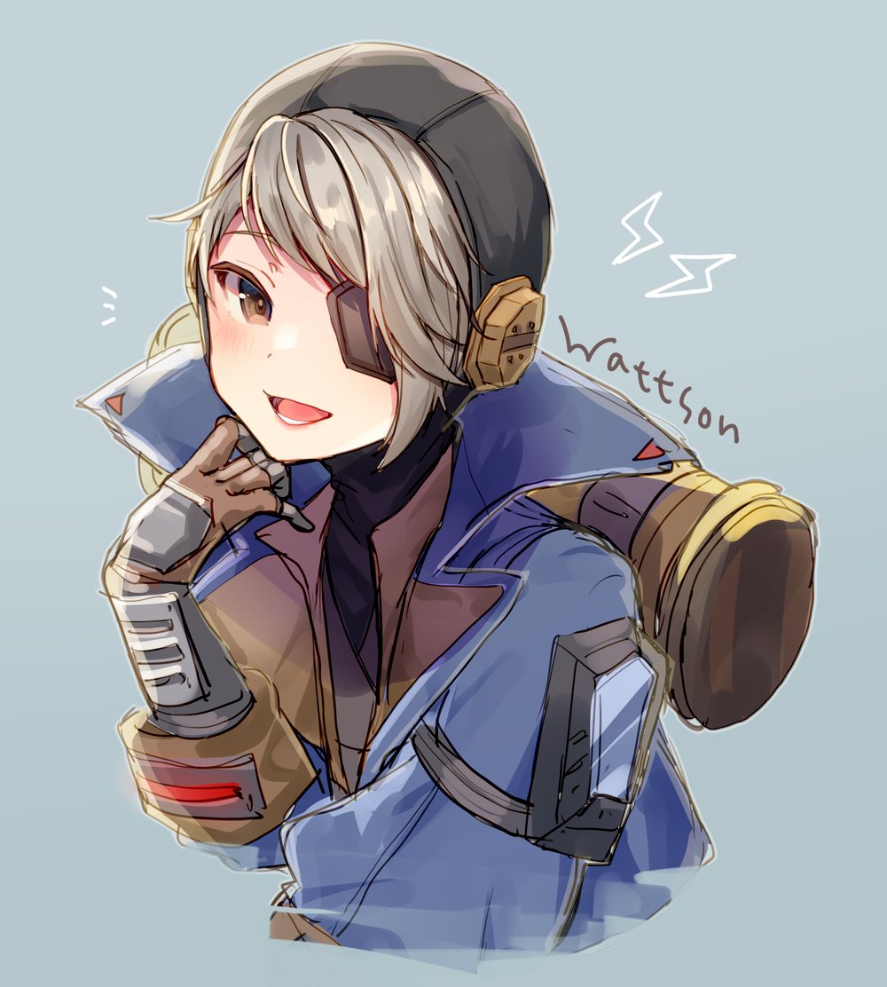 1girl apex_legends bangs black_eyepatch black_headwear blue_background blush brown_eyes brown_gloves character_name cropped_torso deep_current_wattson eyepatch gloves grey_hair lightning_bolt_symbol momoirone one_eye_covered smile solo upper_body wattson_(apex_legends)