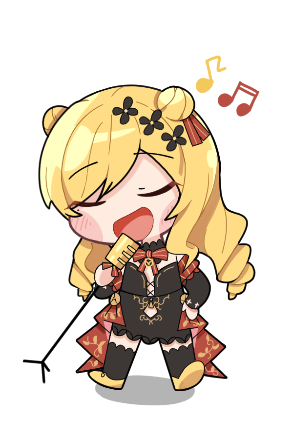 1girl bangs black_dress blush chibi closed_eyes double_bun dress eyebrows_visible_through_hair hand_on_hip long_hair microphone microphone_stand music musical_note nijisanji nijisanji_kr ryuryuyangyang seffyna singing smile solo thigh-highs virtual_youtuber