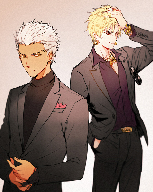 2boys adjusting_sleeves archer_(fate) blonde_hair bracelet earrings eyewear_removed fate/grand_order fate/stay_night fate/zero fate_(series) gilgamesh_(fate) hand_in_hair hand_in_pocket jewelry male_focus multiple_boys necklace red_eyes suit_jacket sunglasses turtleneck