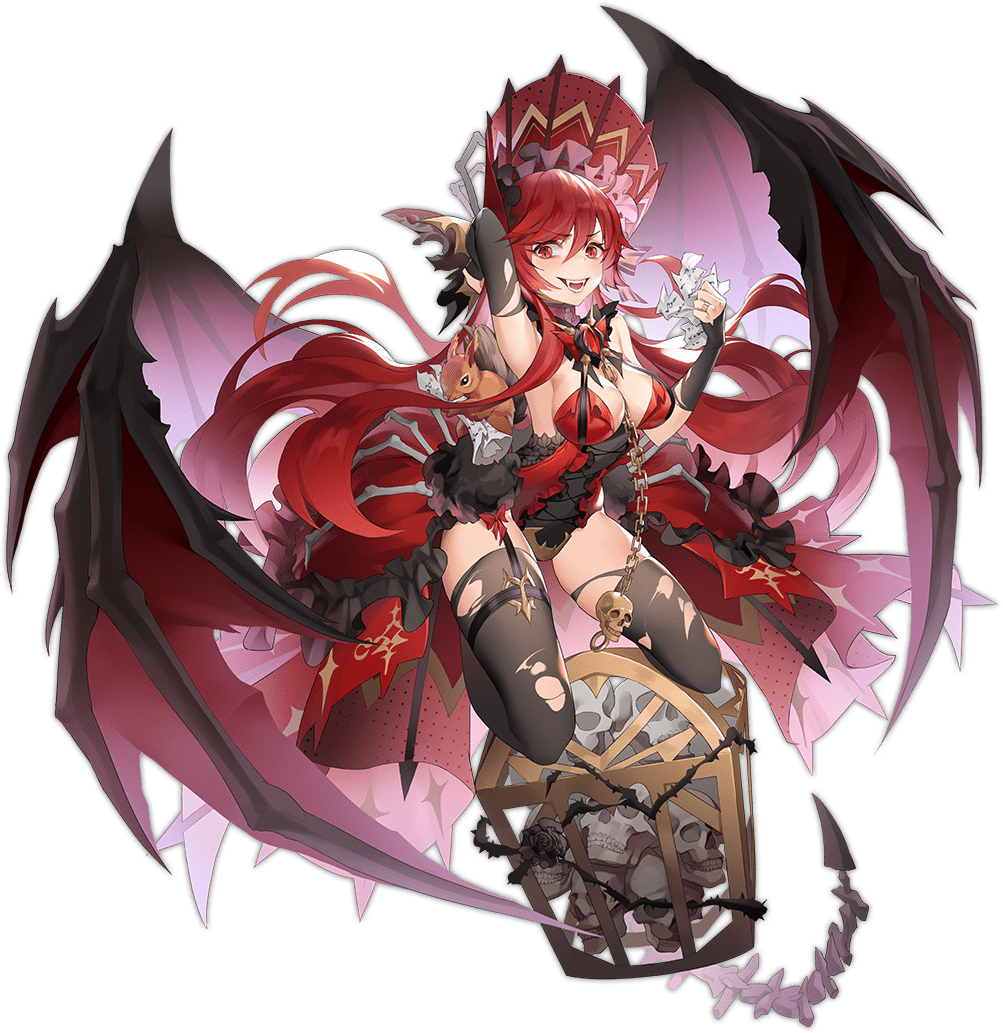 1girl :d ark_order arm_behind_head asymmetrical_gloves bangs black_gloves bone bonnet bow bowtie breasts cage ce-leste chain demon_tail demon_wings dress fangs floating frilled_dress frills full_body gloves hair_flaps holding holding_paper jewelry large_breasts long_hair looking_at_viewer nidhogg_(ark_order) paper red_bow red_bowtie red_dress red_eyes red_headwear red_wings redhead ring sidelocks skull smile solo squirrel tachi-e tail thigh-highs thigh_strap thighs thorns torn_clothes torn_gloves torn_legwear transparent_background uneven_gloves very_long_hair wings