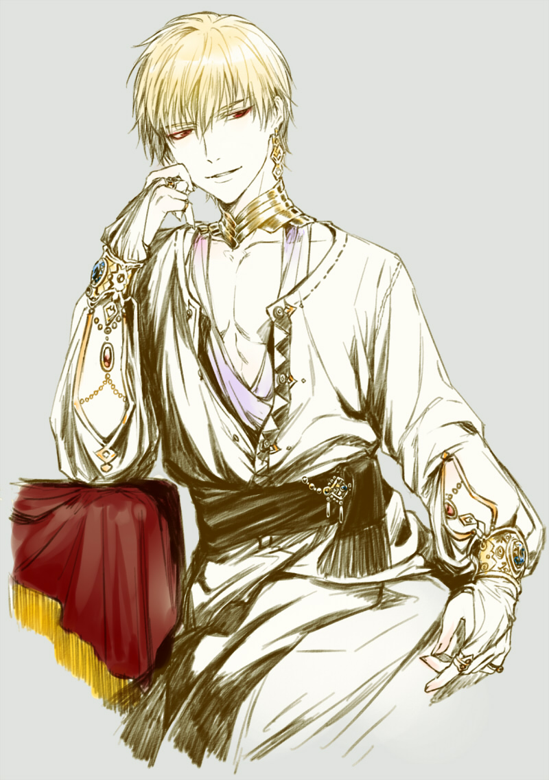 1boy alternate_costume arabian_clothes blonde_hair bracelet bridal_gauntlets changye earrings fate/grand_order fate/stay_night fate_(series) gilgamesh_(fate) jewelry male_focus neck_ring red_eyes sash solo v-neck