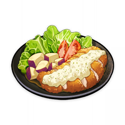 artist_request chicken_(food) commentary english_commentary food food_focus genshin_impact lettuce lowres no_humans official_art plate sauce still_life third-party_source tomato transparent_background