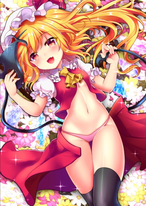 1girl :d ascot asymmetrical_hair bangs black_legwear blush collarbone commentary_request eyebrows_visible_through_hair eyelashes fang feet_out_of_frame field flandre_scarlet flower flower_field frilled_shirt_collar frilled_sleeves frills happy hat holding holding_weapon laevatein_(touhou) looking_at_viewer mob_cap navel one_side_up open_clothes open_mouth panties pink_panties pleated_skirt puffy_short_sleeves puffy_sleeves red_eyes red_skirt red_vest ribbon rimu_(kingyo_origin) shiny shiny_hair short_hair short_sleeves sidelocks skin_fang skirt slit_pupils smile solo sparkle stomach thigh-highs thighs touhou underwear vest weapon white_headwear yellow_ascot