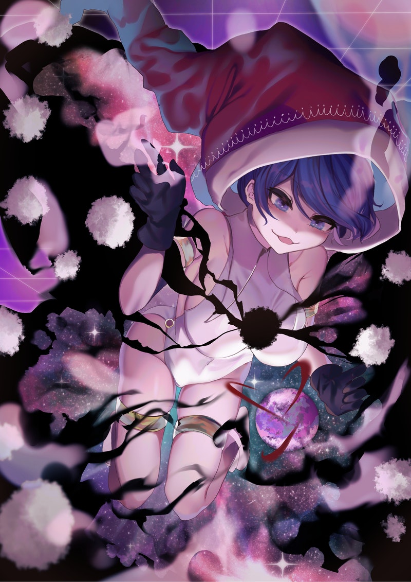 1girl armlet bangs bare_shoulders black_gloves blue_eyes blue_hair blush breasts bright_pupils collarbone commentary_request commission covered_navel doremy_sweet dream_soul dream_world_(touhou) dress dripping eyelashes floating flower gloves hat ishikawa_sparerib large_breasts leotard looking_to_the_side nightcap open_mouth orb polka_dot pom_pom_(clothes) red_headwear shiny short_hair sideboob skeb_commission solo sparkle symbol-shaped_pupils tail tapir_tail thighlet touhou turtleneck white_dress white_leotard white_pupils