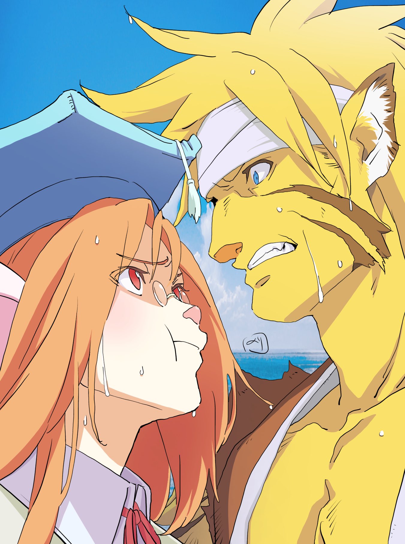 1boy 1girl animal_ears blonde_hair blue_eyes breath_of_fire breath_of_fire_iii cat_ears closed_mouth clouds furry furry_male glasses hat highres long_hair momo_(breath_of_fire) nori_(norimakigumo) red_eyes rei_(breath_of_fire)