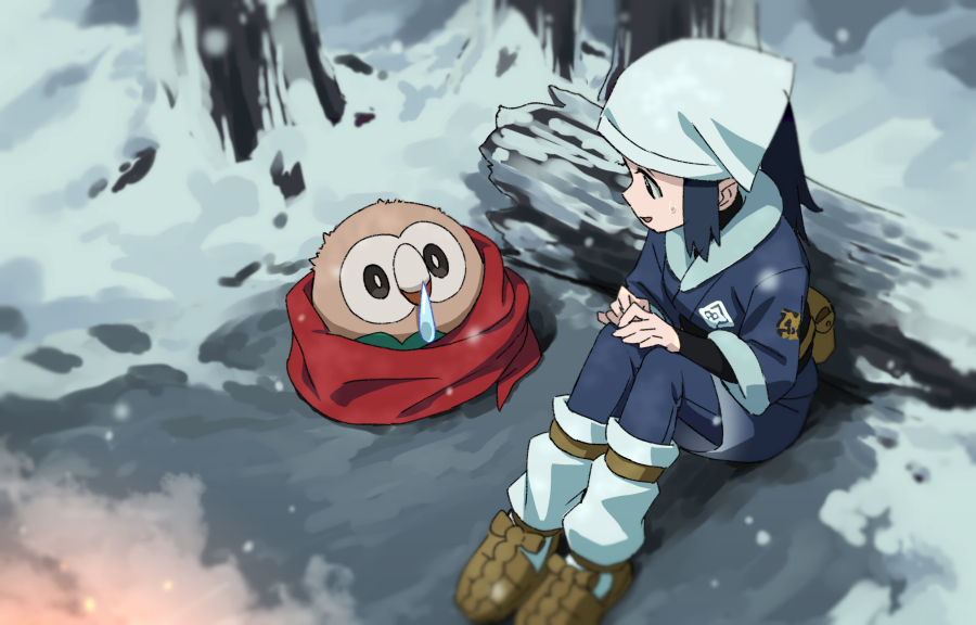 1girl akari_(pokemon) full_body head_scarf nose_drip outdoors pokemon pokemon_(creature) pokemon_(game) pokemon_legends:_arceus rowlet scarf sitting snow wrapped_up yoko.u