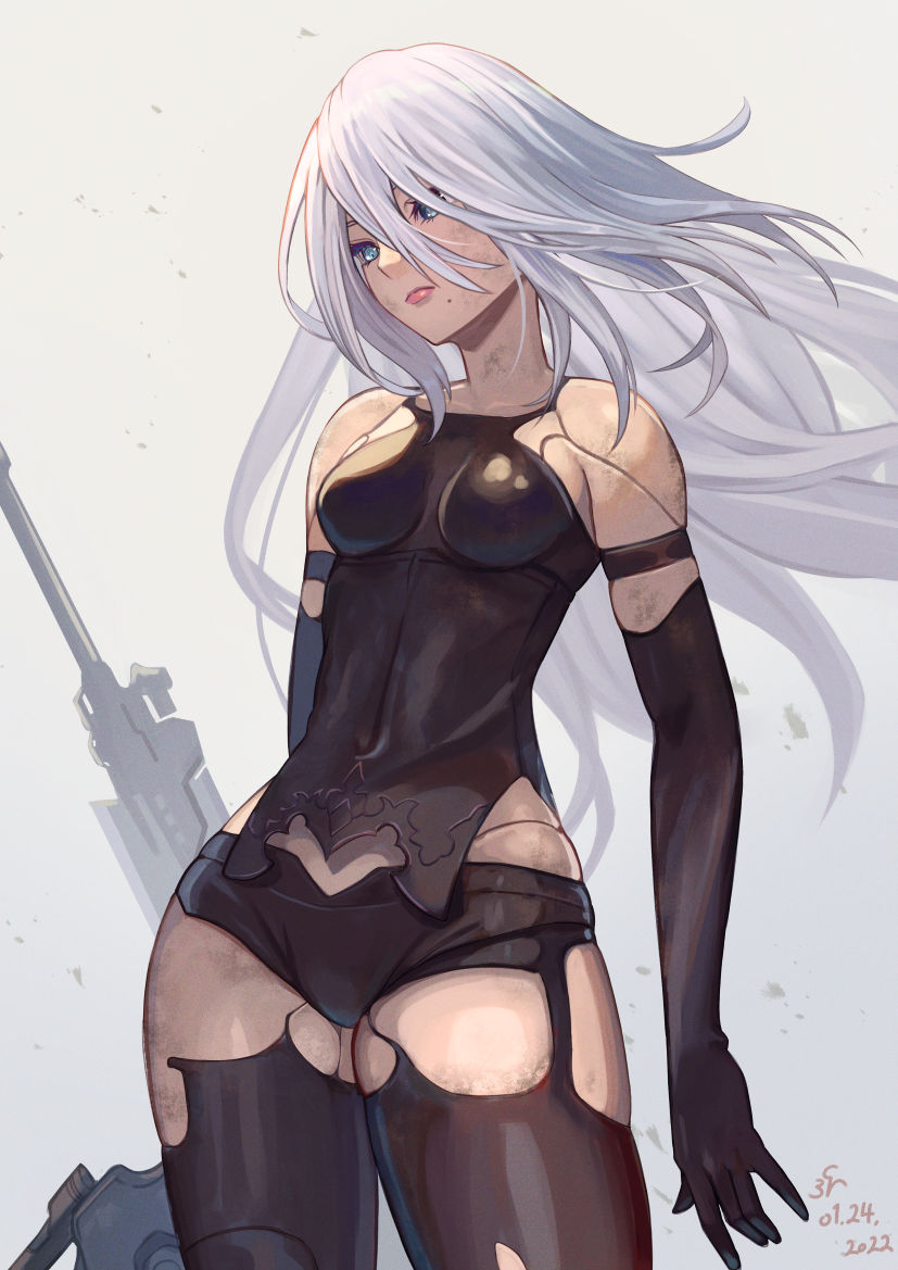 1girl android bare_shoulders black_gloves black_legwear blue_eyes breasts cowboy_shot dated elbow_gloves english_commentary gloves joints long_hair medium_breasts mole mole_under_mouth nier_(series) nier_automata sakumichi silver_hair solo sword thigh-highs weapon white_hair yorha_type_a_no._2