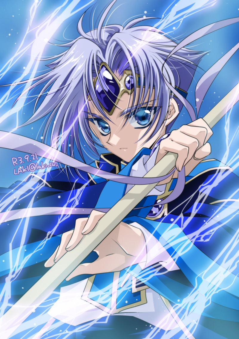 1boy artist_name bangs bishounen blue_background blue_eyes blue_theme circlet clef_(rayearth) dated grey_hair holding holding_staff laki_(laki_cu) looking_at_viewer magic magic_knight_rayearth male_focus parted_bangs rayearth_ova robe serious staff twitter_username