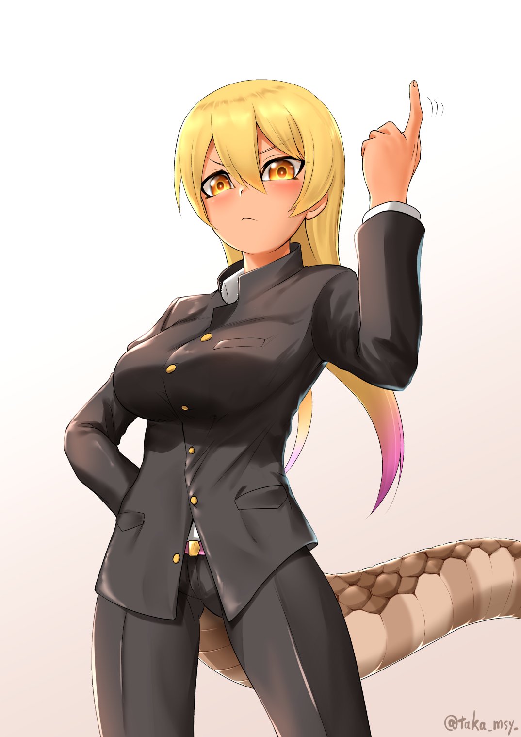 1girl alternate_costume belt black_jacket black_pants blonde_hair breast_pocket breasts buttons closed_mouth collared_jacket fingernails hair_between_eyes hand_on_hip hand_up highres impossible_clothes impossible_jacket index_finger_raised jacket kashisu_mint kemono_friends king_cobra_(kemono_friends) long_hair long_sleeves medium_breasts multicolored_hair pants pink_hair pocket snake_tail solo tail tan twintails twitter_username two-tone_hair v-shaped_eyebrows yellow_eyes