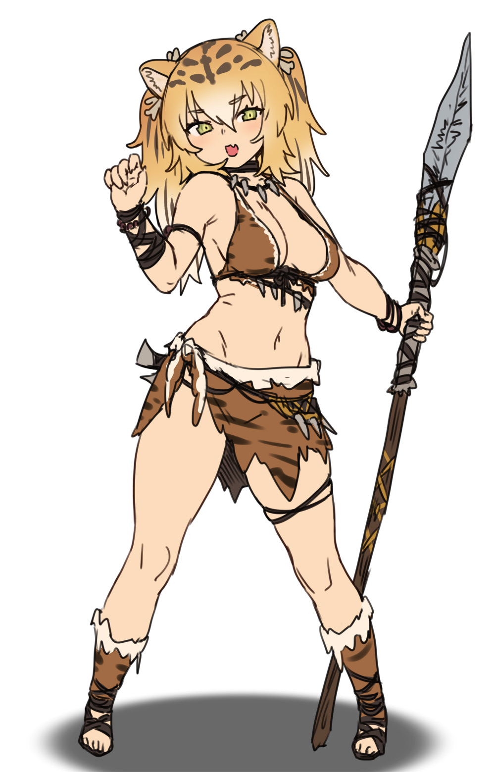 1girl animal_ears bare_shoulders bikini blonde_hair blush boots breasts brown_bikini brown_footwear fang full_body green_eyes hair_between_eyes highres holding holding_polearm holding_weapon houtengeki loincloth looking_at_viewer medium_breasts navel open_mouth original pigeon-toed polearm simple_background skin_fang solo standing swimsuit tiger_ears tooth_necklace tribal twintails weapon white_background