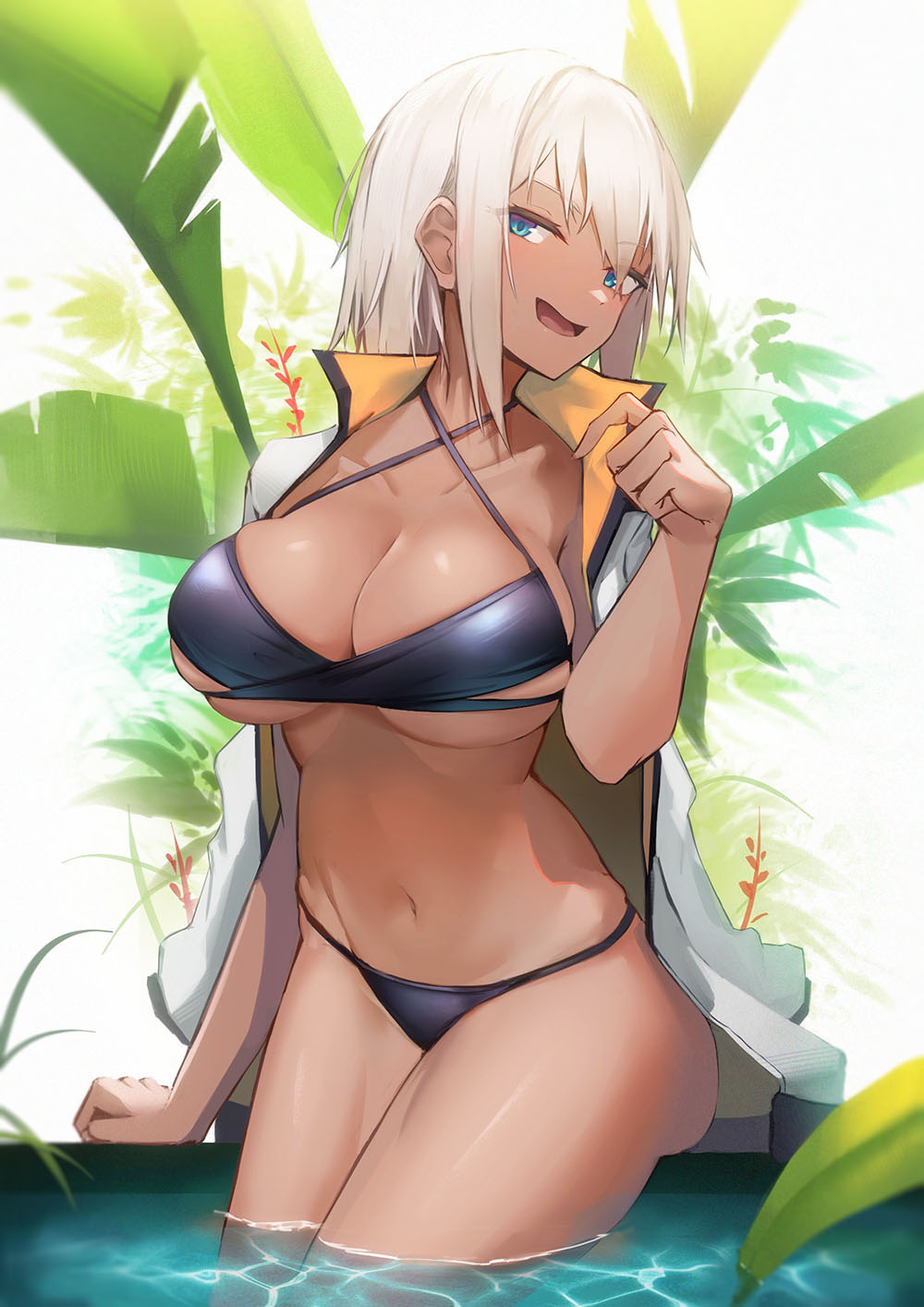 1girl :d bangs bikini black_bikini blue_eyes breasts commentary_request cowboy_shot criss-cross_halter dark_skin halterneck hand_up highres jacket jacket_on_shoulders large_breasts lodbyy looking_at_viewer navel original short_hair sidelocks silver_hair sitting smile solo stomach swimsuit thighs water white_jacket