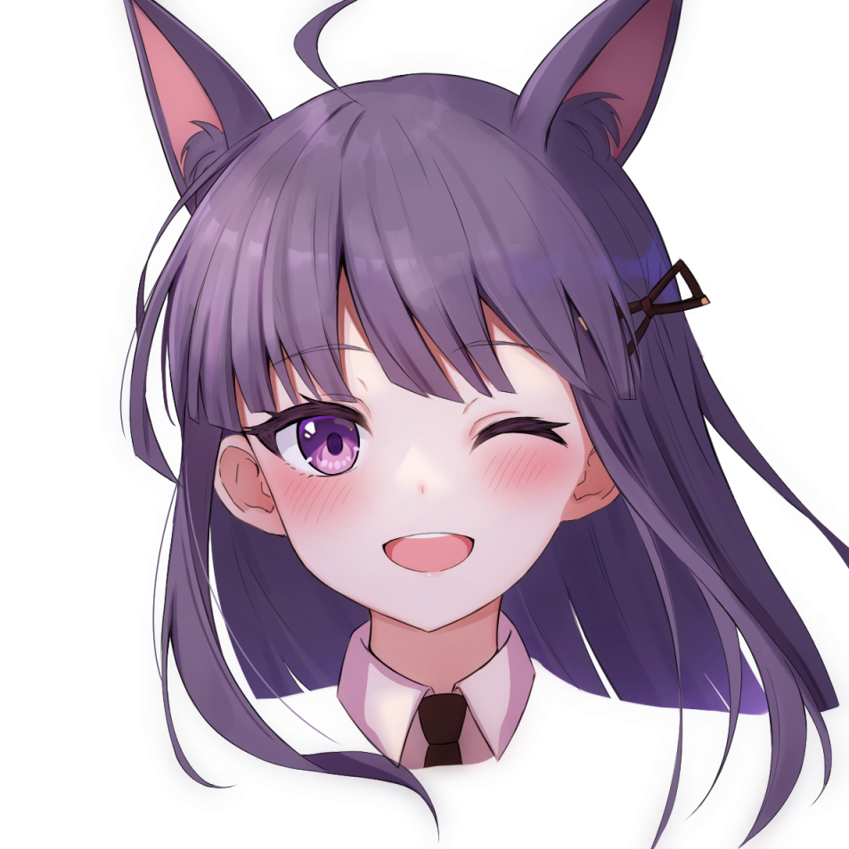 1girl ;d ahoge animal_ear_fluff animal_ears bangs black_necktie blush cat_ears eyebrows_visible_through_hair floating_hair hair_ornament kasumi_(princess_connect!) long_hair looking_at_viewer necktie one_eye_closed portrait princess_connect!_re:dive purple_hair sazamiso_rx shiny shiny_hair smile solo violet_eyes wing_collar