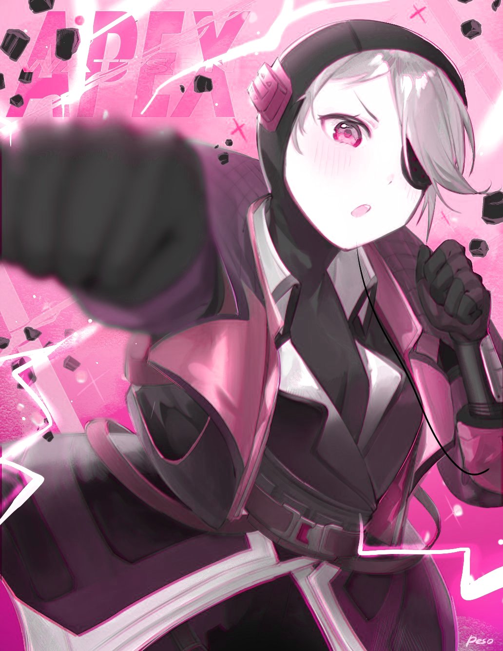 1girl :o alternate_color apex_legends black_eyepatch black_gloves black_headwear black_jacket black_sweater clenched_hands deep_current_wattson electricity eyepatch gloves grey_hair highres jacket motion_blur official_alternate_costume one_eye_covered open_mouth peso_(honopesopeso) pink_eyes punching solo sweater wattson_(apex_legends)