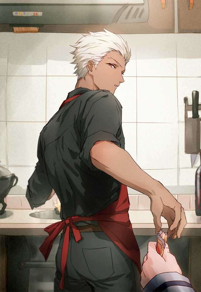 1boy apron archer_(fate) black_pants black_shirt brown_eyes casual changye chinese_commentary commentary_request cooking cowboy_shot dark-skinned_male dark_skin fate/grand_order fate/stay_night fate_(series) food from_behind fujimaru_ritsuka_(female) holding holding_food indoors kitchen long_sleeves looking_back pants pov red_apron shirt sink sleeves_rolled_up solo_focus white_hair