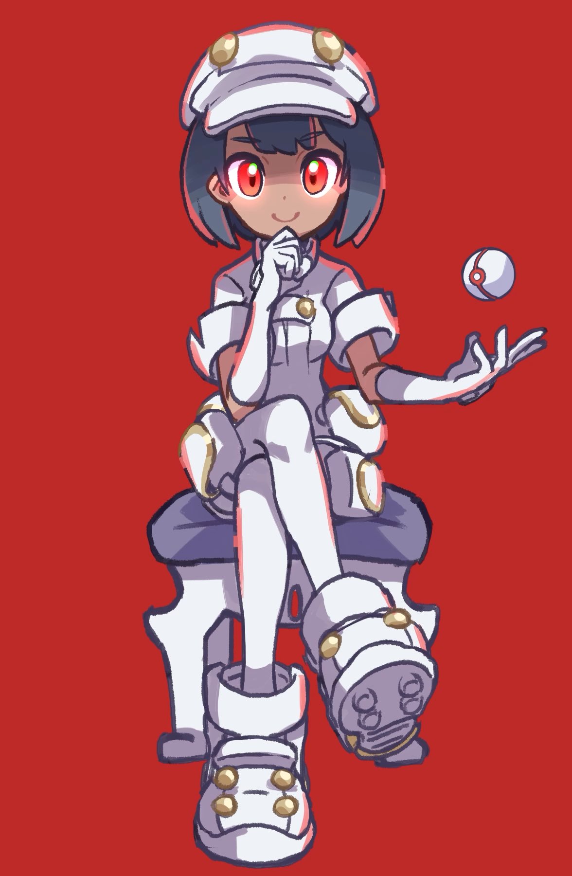 1girl aether_foundation_employee bangs black_hair clenched_hand closed_mouth commentary_request crossed_legs eyebrows_visible_through_hair full_body gloves hand_up hat highres hiisu_(s-1104-d) looking_at_viewer orange_eyes overall_shorts overalls pantyhose poke_ball pokemon pokemon_(game) pokemon_sm premier_ball red_background shoes short_hair simple_background sitting smile solo stool white_footwear white_gloves white_headwear white_legwear