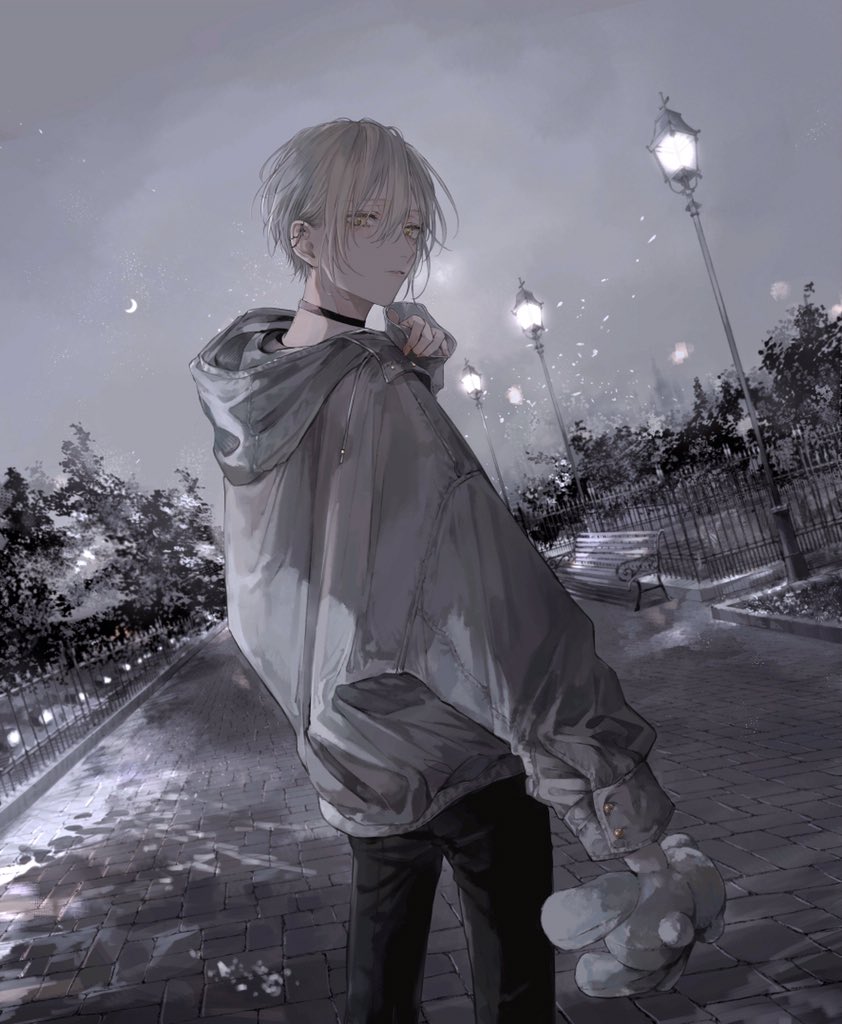 1boy choker crescent hood hoodie long_sleeves looking_back male_focus original pale_skin rabbit scenery snow solo stuffed_toy white_hair yellow_eyes yukito_shii