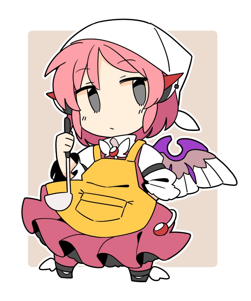 1girl adapted_costume animal_ears apron brown_dress chibi dress feathered_wings full_body grey_eyes head_scarf holding holding_ladle ini_(inunabe00) ladle mystia_lorelei pink_hair short_hair solo touhou white_headwear wings yellow_apron