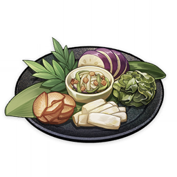 artist_request bowl carrot commentary english_commentary food food_focus genshin_impact leaf lowres muted_color no_humans official_art plate radish still_life third-party_source transparent_background vegetable