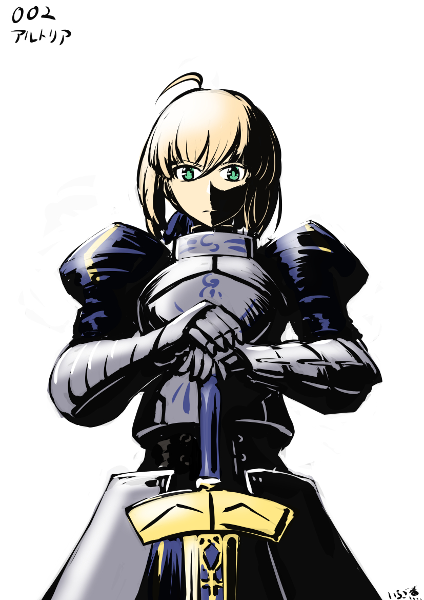 152_in_can 1girl ahoge armor armored_boots armored_dress artoria_pendragon_(all) bangs blonde_hair blue_dress blue_ribbon boots braid breastplate breasts closed_mouth commentary_request dress excalibur fate/stay_night fate_(series) full_body gauntlets green_eyes grey_footwear hair_ribbon highres holding holding_sword holding_weapon juliet_sleeves long_dress long_sleeves looking_at_viewer puffy_sleeves ribbon saber short_hair simple_background solo standing sword weapon
