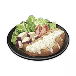 artist_request chicken_(food) commentary english_commentary food food_focus genshin_impact lettuce lowres muted_color no_humans official_art plate sauce still_life third-party_source tomato transparent_background