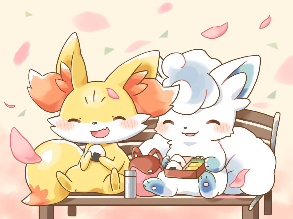 :d alolan_vulpix animal animal_ear_fluff animal_focus backpack backpack_removed bag bench bento blush commentary_request eating fang fennekin food fox friends kana_(maple926) no_humans onigiri open_mouth petals pokemon sitting skin_fang smile toes