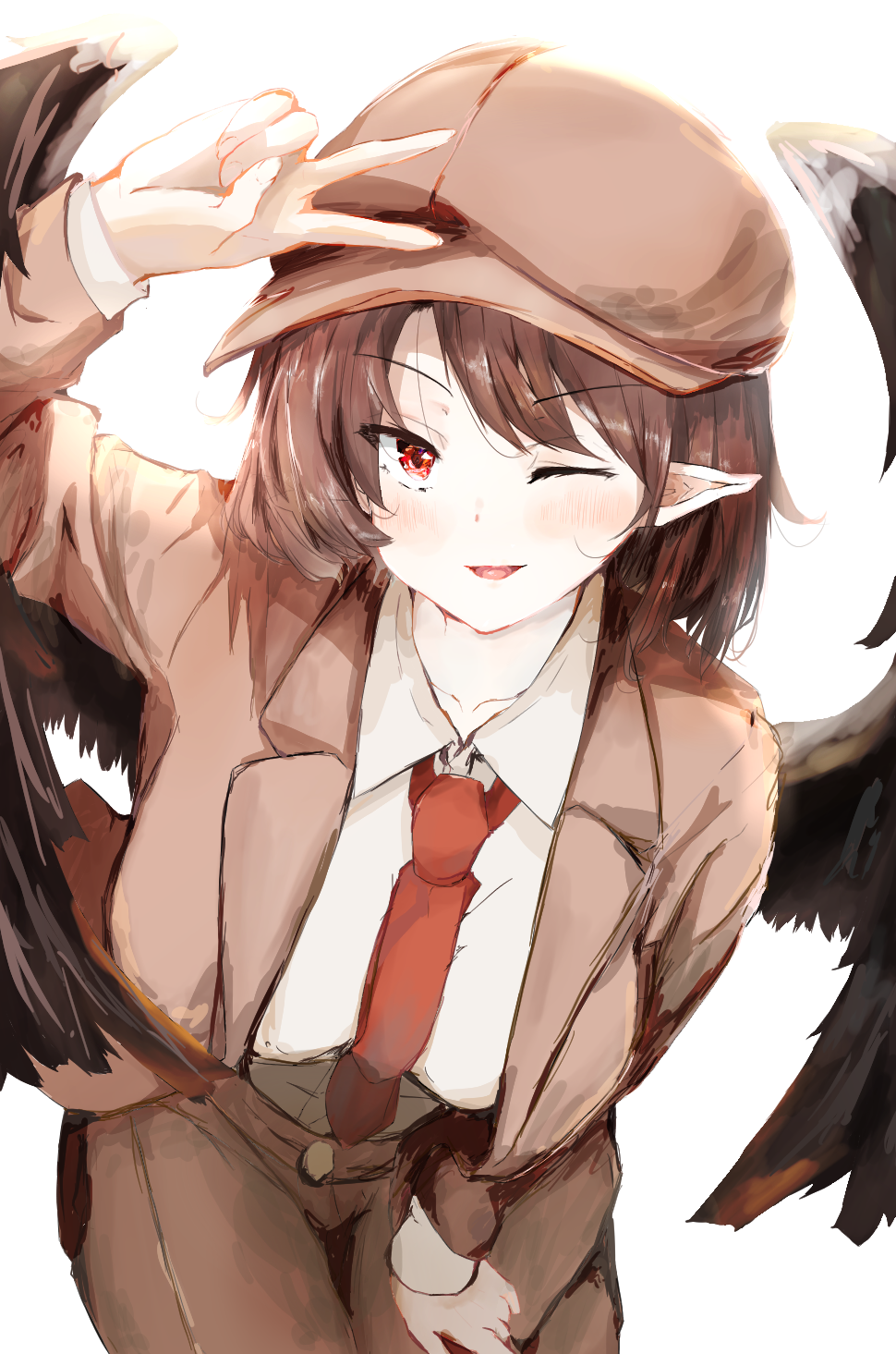 1girl between_breasts bird_wings black_wings blush breasts brown_hair brown_headwear brown_jacket brown_shorts cabbie_hat collared_shirt commentary_request eyebrows_visible_through_hair feathered_wings flat_cap hat highres inakamon_(01738) jacket leaning_forward medium_breasts necktie necktie_between_breasts open_mouth pointy_ears red_eyes red_necktie shameimaru_aya shameimaru_aya_(newsboy) shirt short_hair shorts simple_background suit_jacket touhou v white_background white_shirt wings