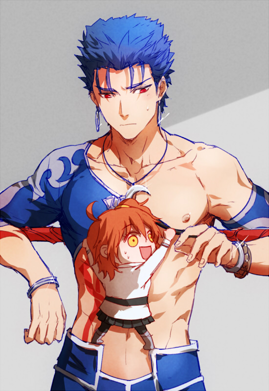 1boy 1girl abs ahoge between_pectorals blue_hair bodysuit chaldea_uniform changye chest_tattoo chibi cu_chulainn_(fate) cu_chulainn_(fate/stay_night) earrings fate/grand_order fate/stay_night fate_(series) fujimaru_ritsuka_(female) gae_bolg_(fate) jewelry long_hair male_focus orange_hair pectorals polearm ponytail red_eyes shrug_(clothing) spear tattoo weapon yellow_eyes