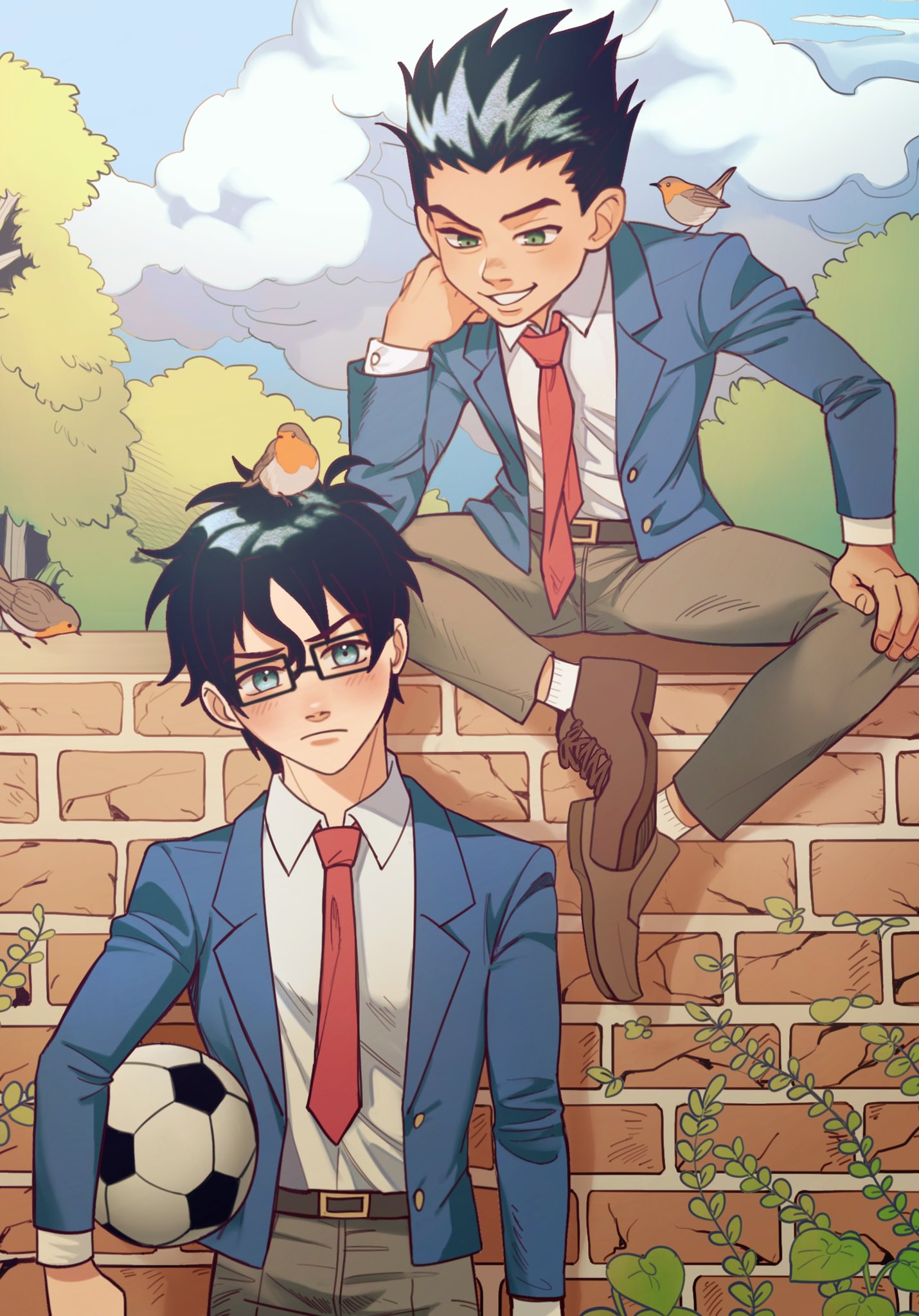 2boys ball black_hair blue_eyes commentary_request damian_wayne dc_comics endure_gif highres jonathan_kent looking_at_another looking_at_viewer male_focus morning multiple_boys necktie outdoors robin_(dc) soccer_ball super_sons superboy