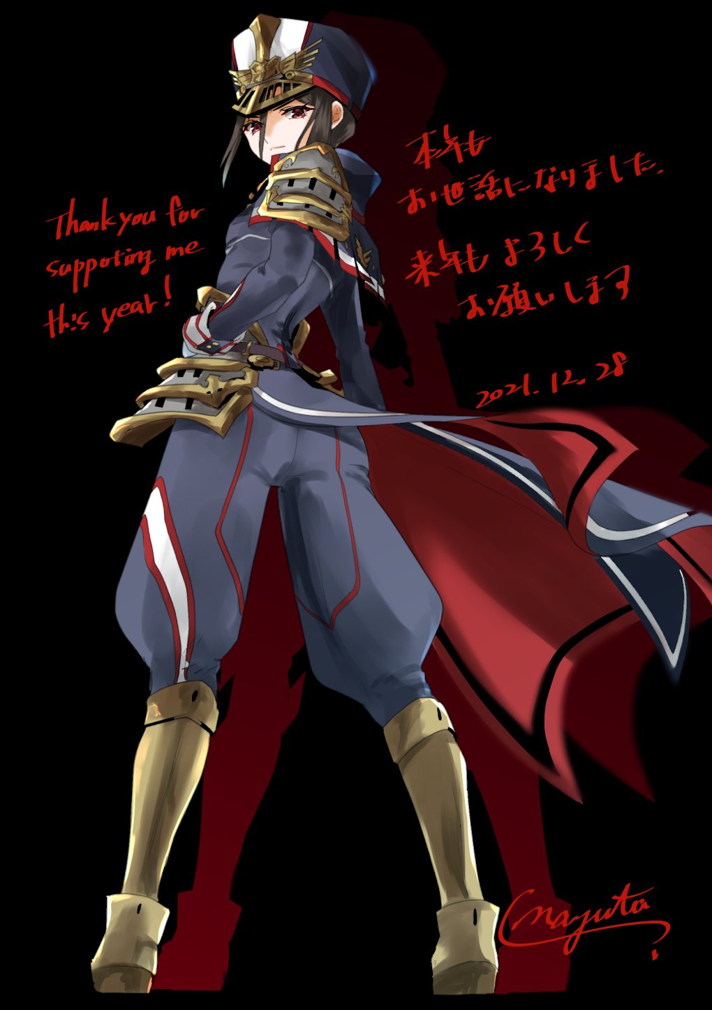 1girl ass back bangs black_background blue_jacket blue_pants boots brown_eyes brown_hair closed_mouth full_body gloves gold_footwear hand_on_hip hat highres jacket long_hair long_sleeves looking_at_viewer looking_back military military_hat military_jacket military_uniform morag_ladair_(xenoblade) nayuta-kanata pants signature simple_background smile solo standing uniform white_gloves xenoblade_chronicles_(series) xenoblade_chronicles_2