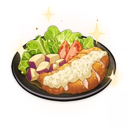 artist_request chicken_(food) commentary english_commentary food food_focus genshin_impact lettuce lowres no_humans official_art plate sauce sparkle still_life third-party_source tomato transparent_background