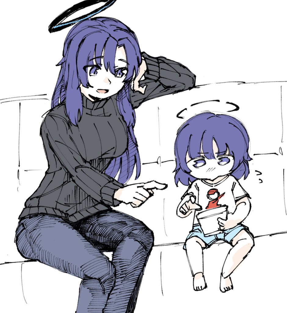 2girls bangs black_sweater blue_archive blue_pants blue_shorts child couch denim flying_sweatdrops halo head_rest holding holding_tablet_pc jeans light_smile md5_mismatch medium_hair mksk_69 mother_and_daughter multiple_girls older on_couch pants partially_colored pointing purple_hair shirt shorts sitting sketch sweater t-shirt tablet_pc turtleneck turtleneck_sweater violet_eyes white_shirt yuuka_(blue_archive)