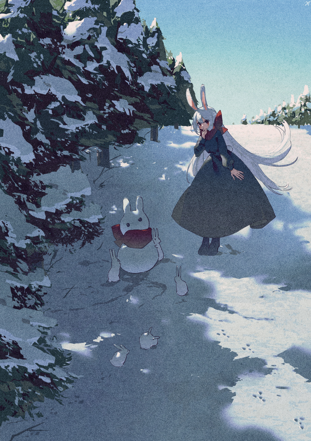 1girl animal animal_ears black_dress black_footwear boots commentary_request day dress film_grain floating_hair hand_to_own_mouth hand_up highres leaning_forward long_hair looking_at_viewer original outdoors potg_(piotegu) rabbit rabbit_ears rabbit_girl red_eyes red_scarf scarf snow snow_bunny solo standing tree very_long_hair white_hair wide_shot winter
