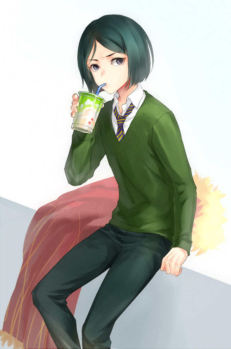 1boy black_eyes cape cape_removed changye cup drinking drinking_straw fate/grand_order fate/zero fate_(series) fur-trimmed_cape fur_trim green_hair highres holding holding_cup male_focus necktie sitting solo striped_necktie sweater waver_velvet