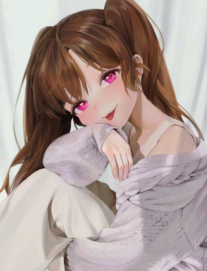 1girl :p bangs blush brown_hair eyebrows_visible_through_hair grey_background hand_up heart heart-shaped_pupils llttyyyuu long_hair long_sleeves off_shoulder original revision simple_background solo sweater symbol-shaped_pupils tongue tongue_out twintails upper_body violet_eyes