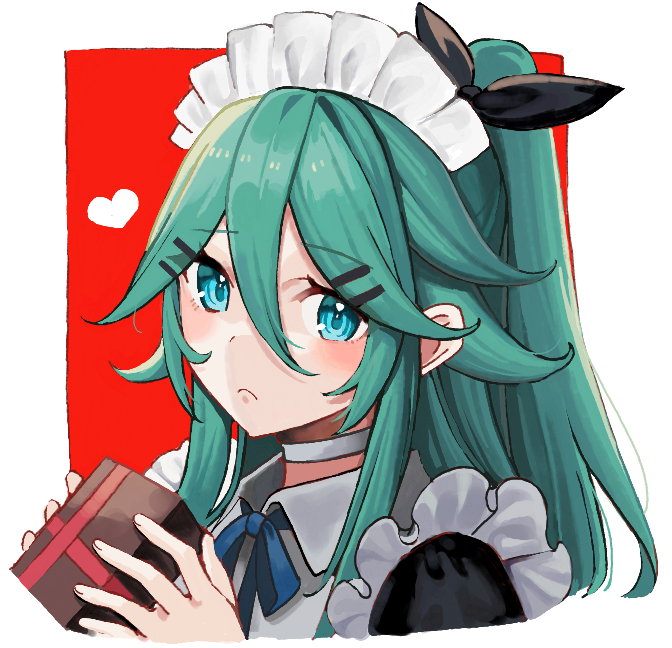 1girl akagi_kurage alternate_costume apron aqua_eyes aqua_hair box closed_mouth commentary_request enmaided eyebrows_visible_through_hair gift gift_box hair_between_eyes heart holding holding_gift kantai_collection long_hair maid maid_apron maid_headdress ponytail portrait solo white_apron yamakaze_(kancolle)