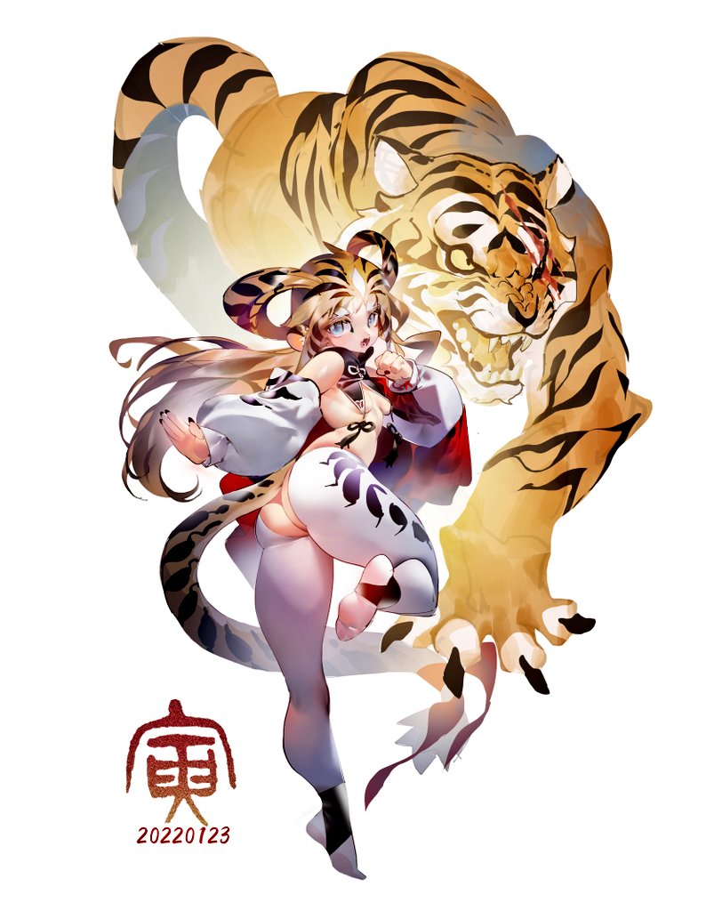 1girl 2022 animal_print ass ass_cutout blue_eyes breasts chinese_zodiac clenched_hand clothing_cutout dated detached_sleeves floating_hair long_hair nicholas_f open_hand open_mouth orange_hair original pants sideboob small_breasts solo tiger tiger_print white_background white_pants year_of_the_tiger