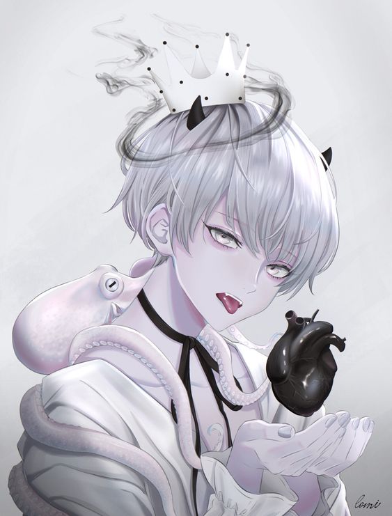 1boy bow choker crown demon_horns fang grey_eyes halo heart_(organ) horns long_sleeves looking_at_viewer mi_lomi nail_polish octopus original pale_skin protected_link silver_hair snake tongue tongue_out white_octopus