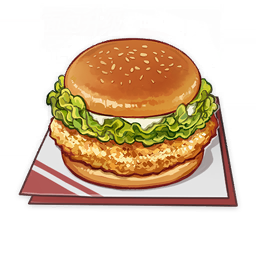 artist_request burger chicken_(food) commentary english_commentary food food_focus genshin_impact lettuce lowres mayonnaise meat napkin no_humans official_art still_life third-party_source transparent_background