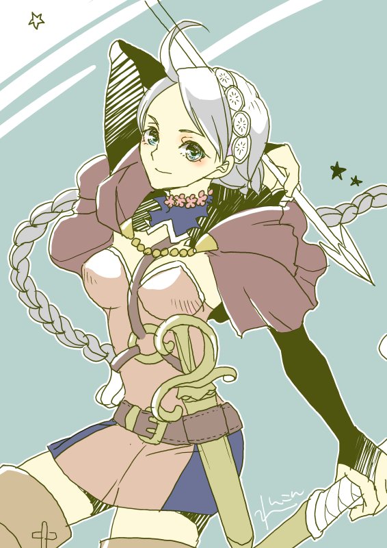 1girl ahoge arrow_(projectile) bangs bow_(weapon) braid breasts chest_harness fire_emblem fire_emblem_fates grey_eyes hairband harness holding holding_arrow holding_bow_(weapon) holding_weapon long_hair looking_at_viewer medium_breasts nina_(fire_emblem) renkonmatsuri twin_braids upper_body weapon white_hair