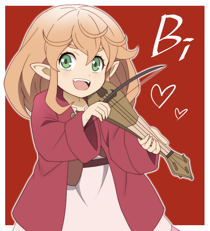 :d belt belt_pouch blonde_hair bow_(music) coat fangs green_eyes holding holding_instrument instrument long_hair looking_at_viewer lyre music onomekaman playing_instrument pointy_ears pouch red_background red_coat robina_goodfellow saihate_no_paladin simple_background smile thick_eyebrows tunic