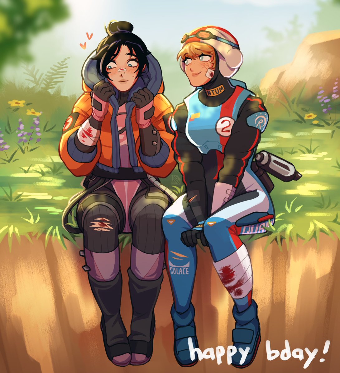 1girl apex_legends armor bandaged_leg bandages black_gloves black_hair blonde_hair blood blood_on_clothes blue_bodysuit bodysuit borrowed_garments bright_pupils commission flower gloves goggles goggles_on_headwear grass hair_bun happy_birthday heart helmet highres hood hooded_jacket jacket lila_(lilakeylk) looking_down official_alternate_costume pink_bodysuit sitting smile void_specialist_wraith wattson_(apex_legends) white_headwear white_pupils wired_for_speed_wattson wraith_(apex_legends) yuri