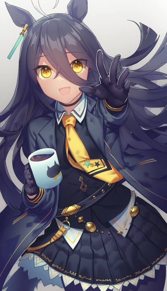 1girl :d animal_ears belt black_gloves black_hair black_legwear blush choker coat coffee cup earrings gloves hair_between_eyes holding holding_cup horse_ears jewelry long_hair looking_at_viewer manhattan_cafe_(umamusume) mckeee mug necktie pleated_skirt skirt smile solo umamusume yellow_eyes