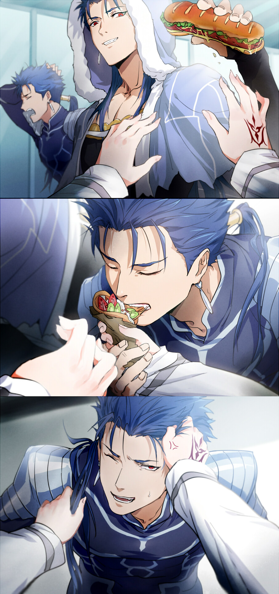 1girl 2boys anger_vein armor blue_bodysuit blue_capelet blue_hair bodysuit capelet changye chinese_commentary closed_eyes command_spell commentary_request crepe cu_chulainn_(caster)_(fate) cu_chulainn_(fate) cu_chulainn_(fate/stay_night) dual_persona earrings eating fate/grand_order fate_(series) food food_theft fujimaru_ritsuka_(female) fur-trimmed_hood fur_trim grabbing_another's_hair grin highres holding holding_food hood hood_up hooded_capelet jewelry long_hair looking_at_viewer male_focus multiple_boys one_eye_closed parted_lips ponytail pov red_eyes sandwich shoulder_armor smile sweatdrop wince