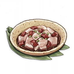 artist_request bowl chili_pepper commentary english_commentary food food_focus garnish genshin_impact leaf lowres meat muted_color no_humans official_art still_life third-party_source transparent_background