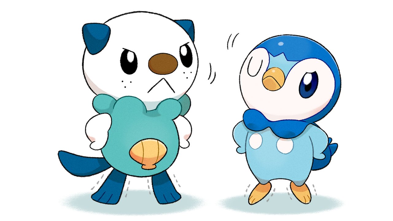 :&lt; black_eyes blue_eyes closed_mouth commentary_request frown full_body no_humans official_art one_eye_closed oshawott piplup pokemon pokemon_(creature) project_pochama standing tiptoes trembling white_background