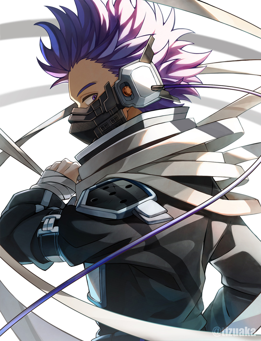 1boy armband audio_jack bags_under_eyes blurry boku_no_hero_academia depth_of_field drop_shadow forehead from_behind head_down holding holding_weapon jumpsuit looking_at_viewer looking_back male_focus mask messy_hair mouth_mask purple_hair scarf shadow shinsou_hitoshi short_hair shoulder_pads sideways_glance solo spiky_hair strap tonbanlove twitter_username upper_body violet_eyes weapon white_background