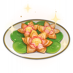 artist_request commentary dessert dew_drop english_commentary food food_focus genshin_impact leaf lowres no_humans official_art plate sparkle still_life third-party_source transparent_background water_drop