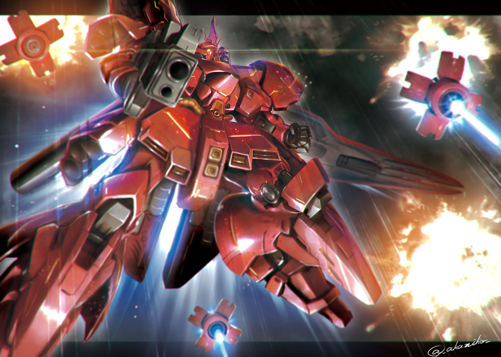 akamiho char's_counterattack clenched_hand glowing glowing_eye gun gundam holding holding_gun holding_weapon letterboxed looking_down mecha mobile_suit one-eyed outside_border red_eyes sazabi science_fiction shield solo space twitter_username weapon
