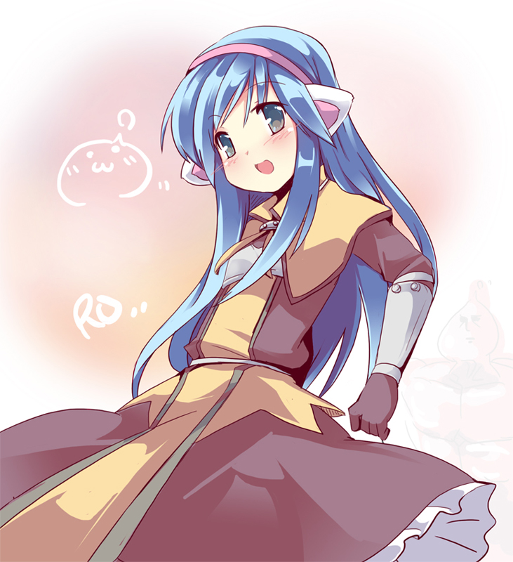 1girl :3 animal_ears bangs blue_eyes blue_hair blush brown_capelet brown_dress capelet cat_ears chest_guard commentary_request cowboy_shot dress eyebrows_visible_through_hair fa_no_hito fake_animal_ears frilled_dress frills hairband long_hair looking_at_viewer open_mouth pink_hairband poring ragnarok_online smile solo_focus swordsman_(ragnarok_online)
